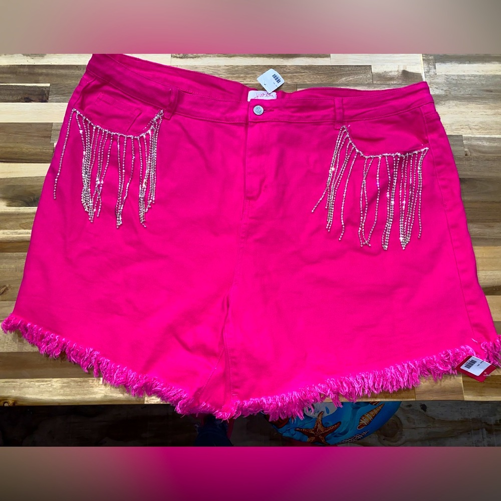 NWT Jess Lea Brand rhinestone fringe pink denim shorts size 3X